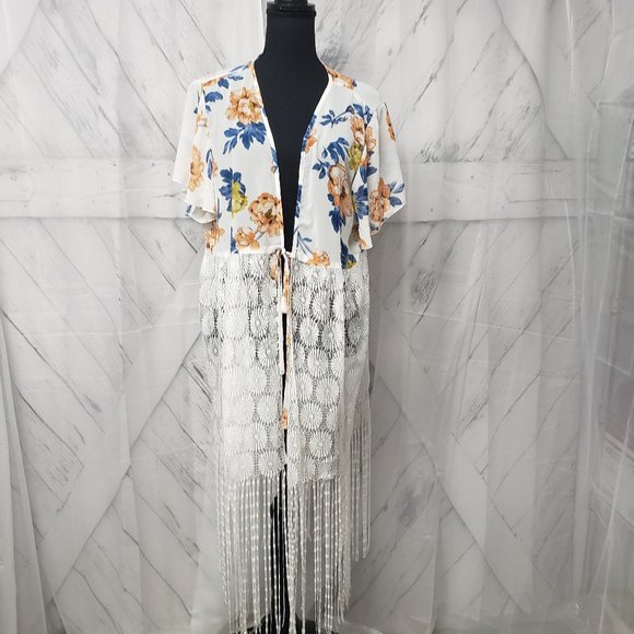 SHEIN Tops - Shein Floral Lace Fringe Kimono Tie Cottage Core Boho Blouse Size 1XL